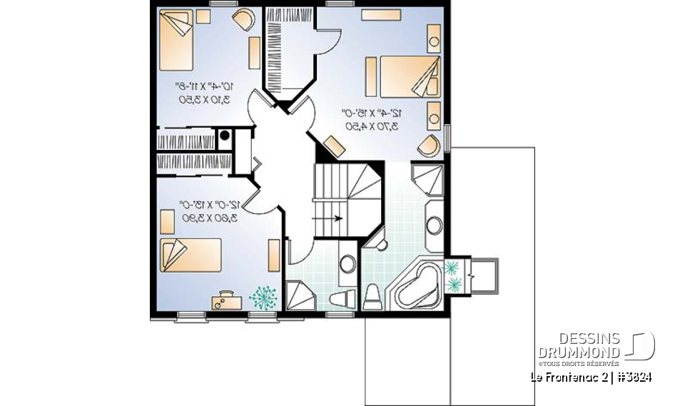 Étage - Plan de maison à étage avec garage, foyer deux faces, 3 chambres, 2 salles de bain, garde-manger - Le Frontenac 2