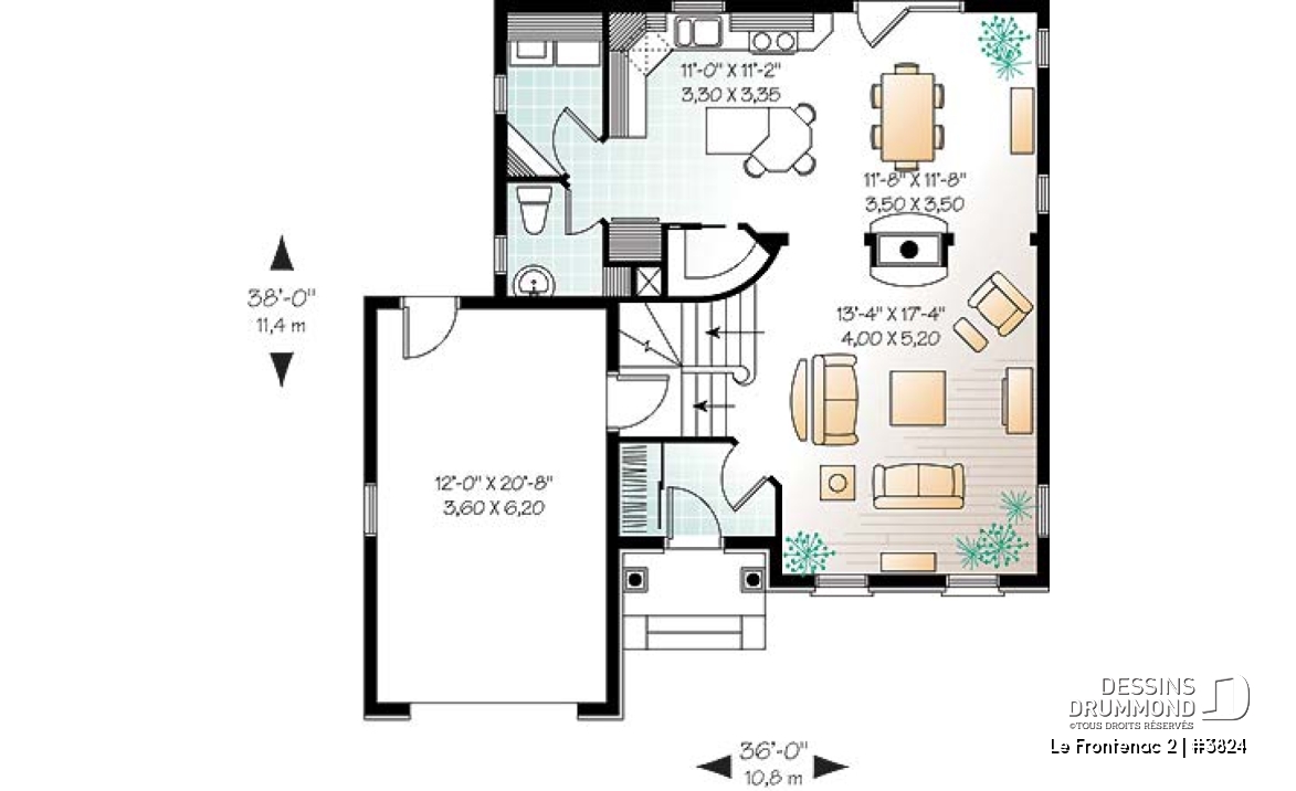 Rez-de-chaussée - Plan de maison à étage avec garage, foyer deux faces, 3 chambres, 2 salles de bain, garde-manger - Le Frontenac 2