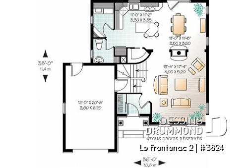 Rez-de-chaussée - Plan de maison à étage avec garage, foyer deux faces, 3 chambres, 2 salles de bain, garde-manger - Le Frontenac 2