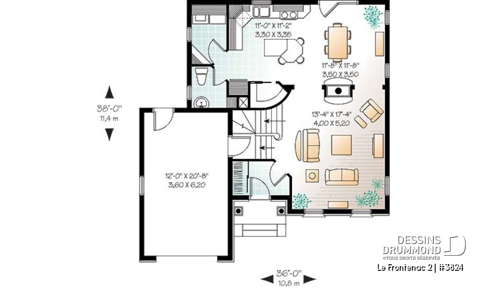 Rez-de-chaussée - Plan de maison à étage avec garage, foyer deux faces, 3 chambres, 2 salles de bain, garde-manger - Le Frontenac 2