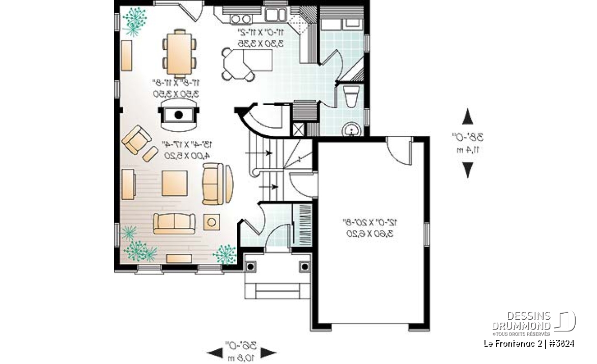 Rez-de-chaussée - Plan de maison à étage avec garage, foyer deux faces, 3 chambres, 2 salles de bain, garde-manger - Le Frontenac 2