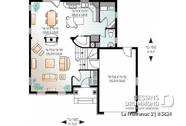 Rez-de-chaussée - Plan de maison à étage avec garage, foyer deux faces, 3 chambres, 2 salles de bain, garde-manger - Le Frontenac 2