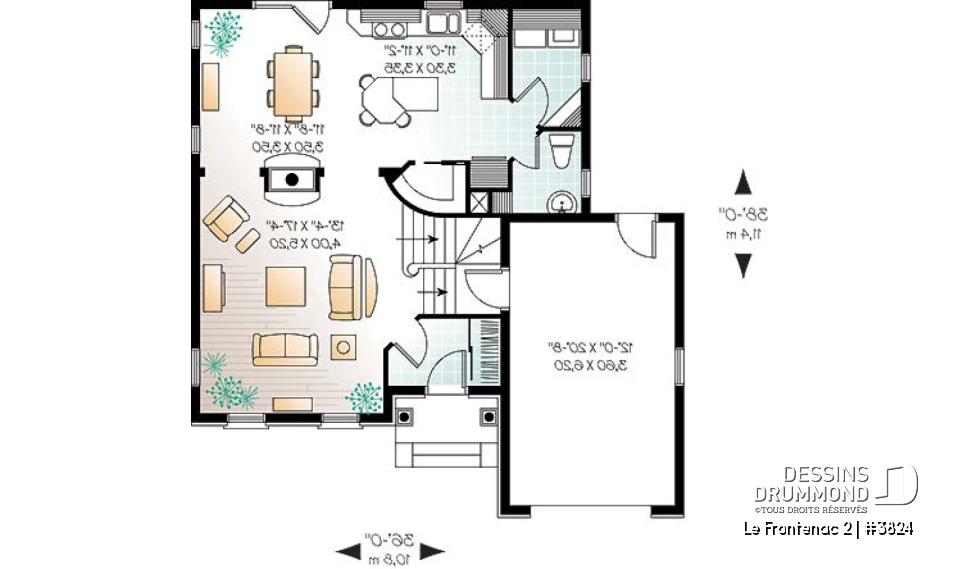 Rez-de-chaussée - Plan de maison à étage avec garage, foyer deux faces, 3 chambres, 2 salles de bain, garde-manger - Le Frontenac 2