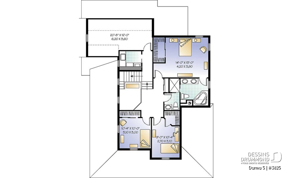 Étage - Plan de maison 3 chambres, grande galerie couverte à l'avant, garage double, mezzanine, plafond 9' - Darma 5