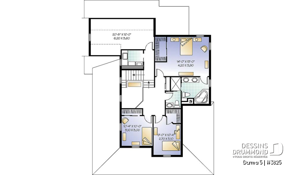 Étage - Plan de maison 3 chambres, grande galerie couverte à l'avant, garage double, mezzanine, plafond 9' - Darma 5