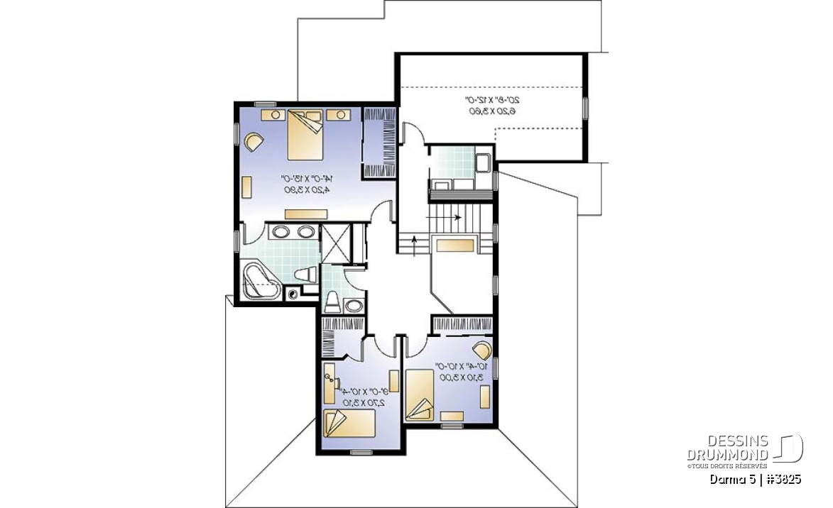 Étage - Plan de maison 3 chambres, grande galerie couverte à l'avant, garage double, mezzanine, plafond 9' - Darma 5