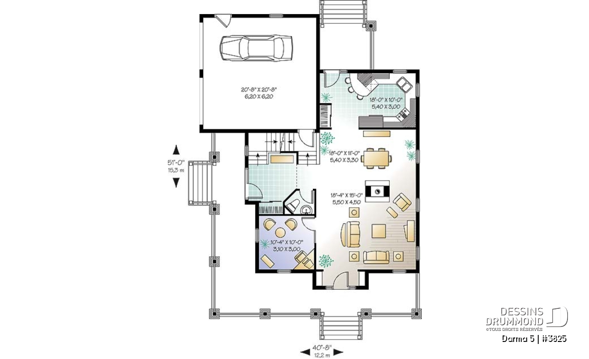 Rez-de-chaussée - Plan de maison 3 chambres, grande galerie couverte à l'avant, garage double, mezzanine, plafond 9' - Darma 5