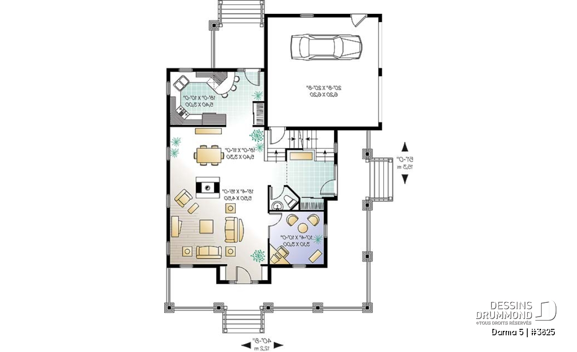 Rez-de-chaussée - Plan de maison 3 chambres, grande galerie couverte à l'avant, garage double, mezzanine, plafond 9' - Darma 5