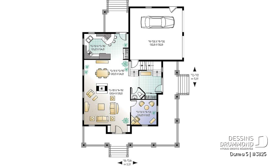Rez-de-chaussée - Plan de maison 3 chambres, grande galerie couverte à l'avant, garage double, mezzanine, plafond 9' - Darma 5