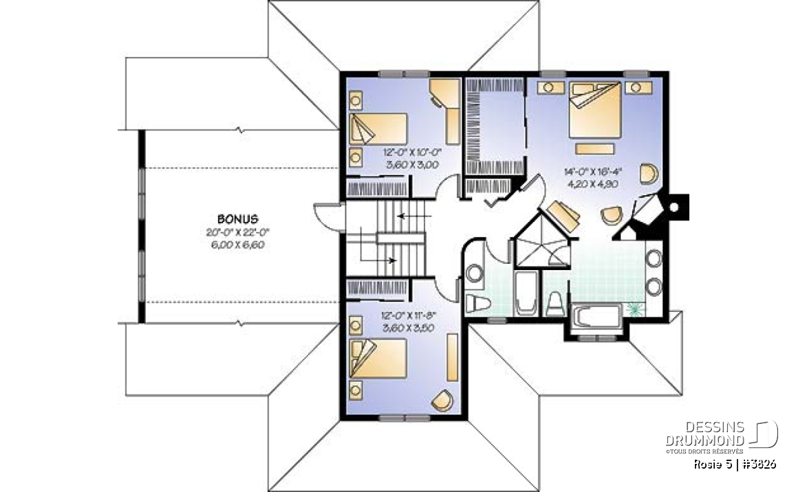 Étage - Plan de maison champêtre, 3 à 4 chambres, garage 3 voitures, bureau à domicile, coin déjeuner - Rosie 5