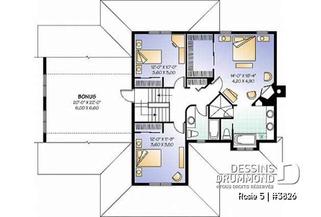Étage - Plan de maison champêtre, 3 à 4 chambres, garage 3 voitures, bureau à domicile, coin déjeuner - Rosie 5