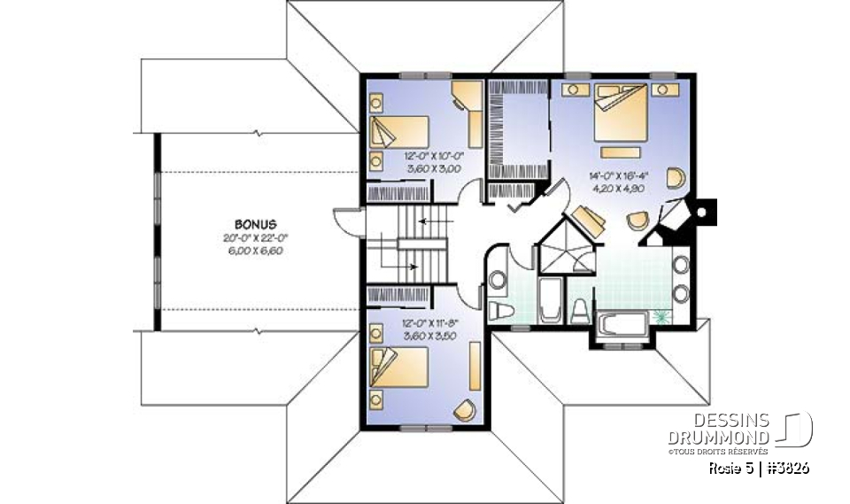 Étage - Plan de maison champêtre, 3 à 4 chambres, garage 3 voitures, bureau à domicile, coin déjeuner - Rosie 5