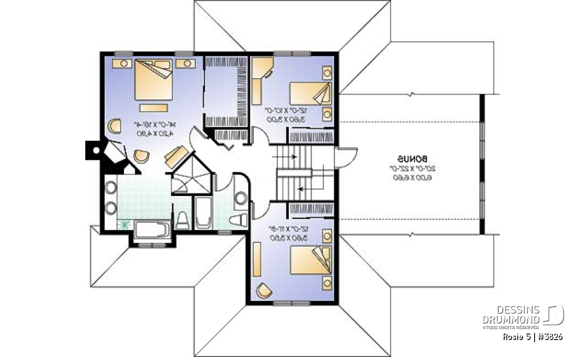 Étage - Plan de maison champêtre, 3 à 4 chambres, garage 3 voitures, bureau à domicile, coin déjeuner - Rosie 5