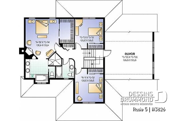 Étage - Plan de maison champêtre, 3 à 4 chambres, garage 3 voitures, bureau à domicile, coin déjeuner - Rosie 5