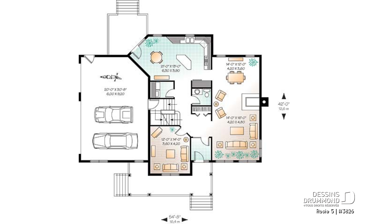 Rez-de-chaussée - Plan de maison champêtre, 3 à 4 chambres, garage 3 voitures, bureau à domicile, coin déjeuner - Rosie 5