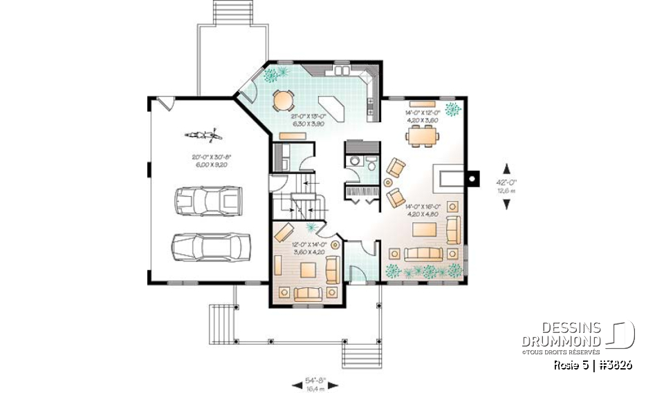Rez-de-chaussée - Plan de maison champêtre, 3 à 4 chambres, garage 3 voitures, bureau à domicile, coin déjeuner - Rosie 5