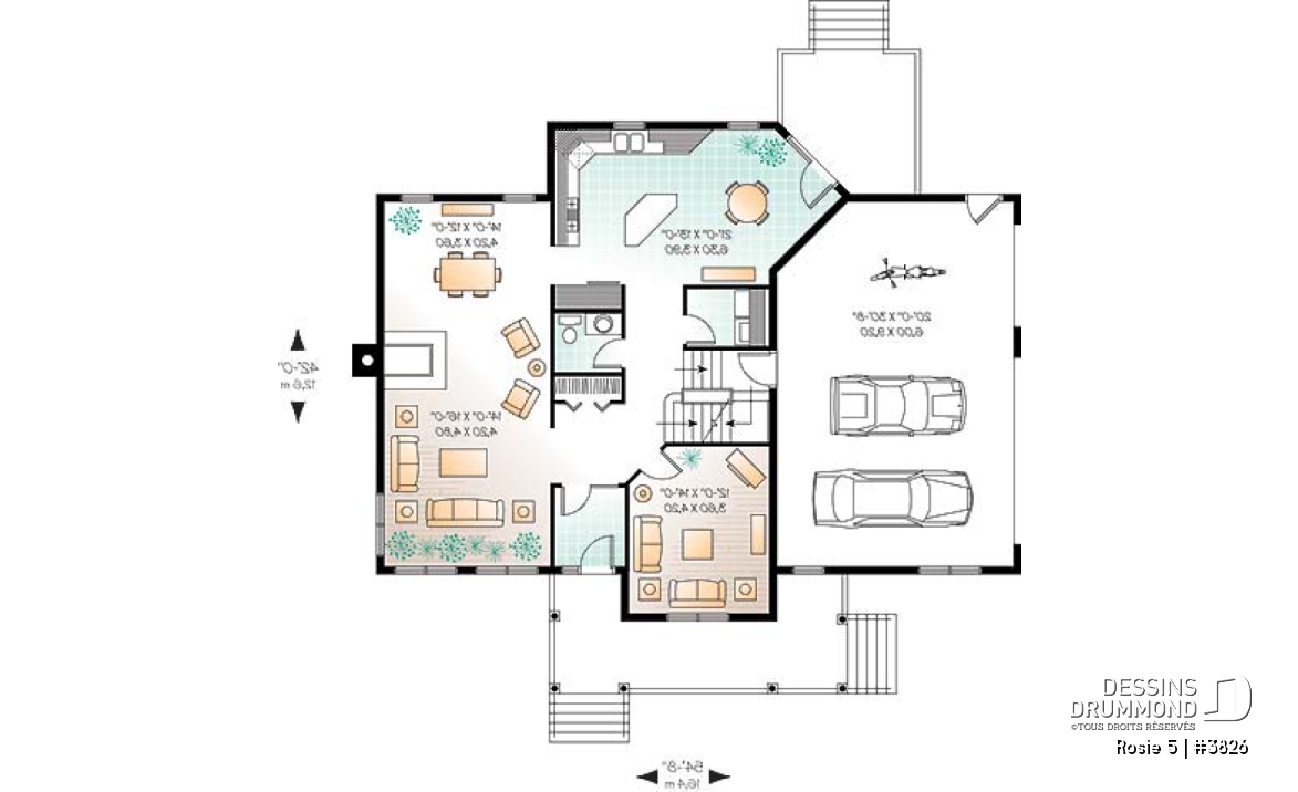 Rez-de-chaussée - Plan de maison champêtre, 3 à 4 chambres, garage 3 voitures, bureau à domicile, coin déjeuner - Rosie 5