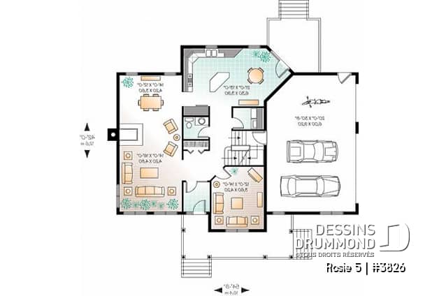 Rez-de-chaussée - Plan de maison champêtre, 3 à 4 chambres, garage 3 voitures, bureau à domicile, coin déjeuner - Rosie 5