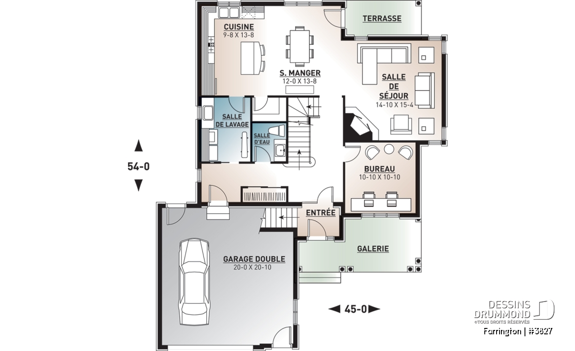 Rez-de-chaussée - Plan de maison 4 chambres + espace boni, bureau à domicile, plafond 9', foyer en coin, garage double - Farrington