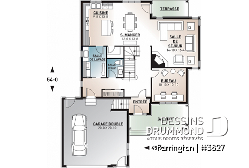 Rez-de-chaussée - Plan de maison 4 chambres + espace boni, bureau à domicile, plafond 9', foyer en coin, garage double - Farrington