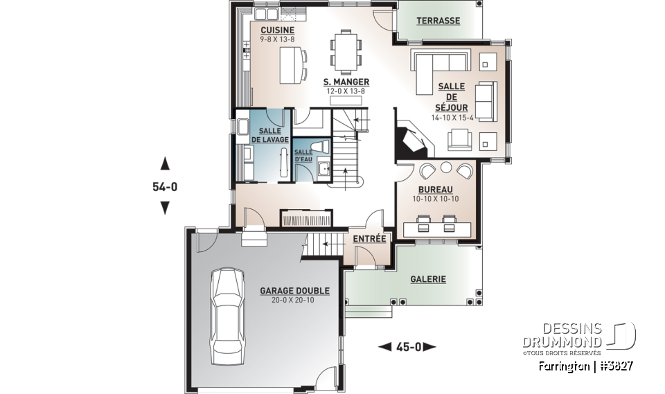 Rez-de-chaussée - Plan de maison 4 chambres + espace boni, bureau à domicile, plafond 9', foyer en coin, garage double - Farrington