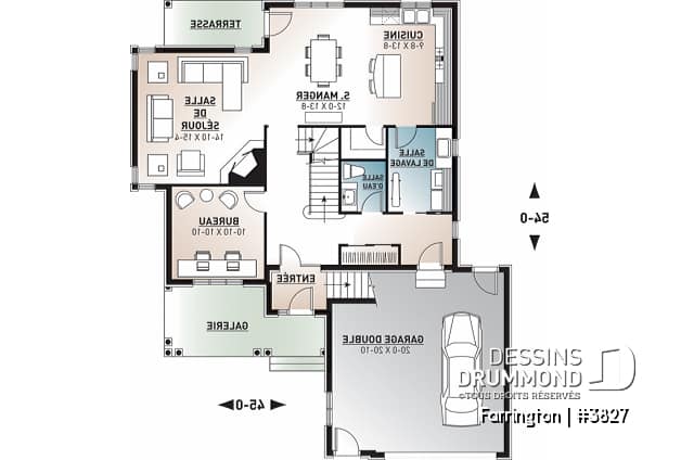 Rez-de-chaussée - Plan de maison 4 à 5 chambres, bureau à domicile, plafond 9', foyer en coin, garage double - Farrington