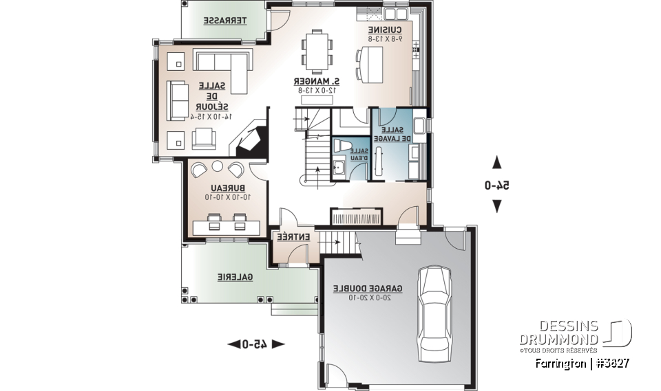 Rez-de-chaussée - Plan de maison 4 chambres + espace boni, bureau à domicile, plafond 9', foyer en coin, garage double - Farrington