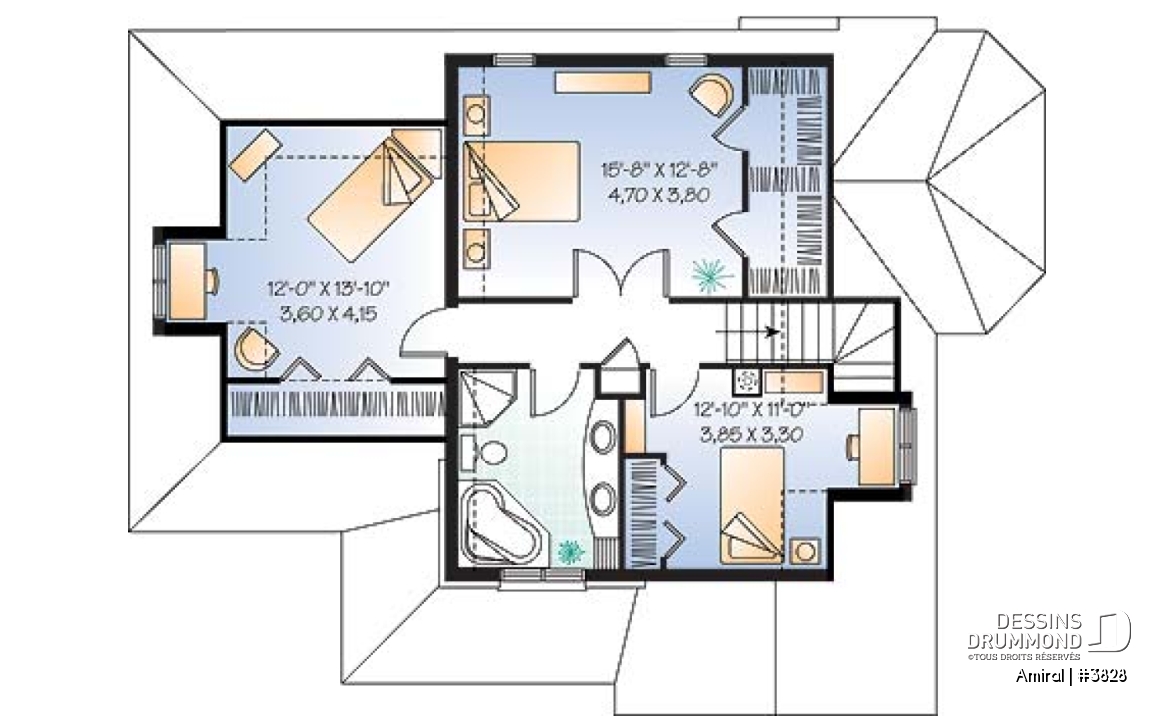 Étage - Plan de maison style manoir, 3 chambres, plafond cathédrale - Amiral
