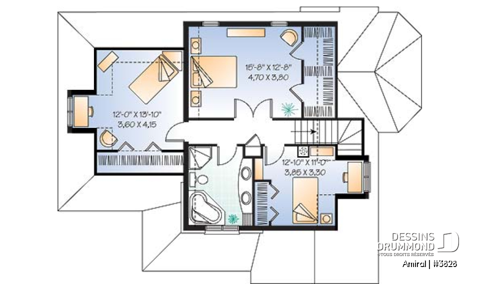 Étage - Plan de maison style manoir, 3 chambres, plafond cathédrale - Amiral