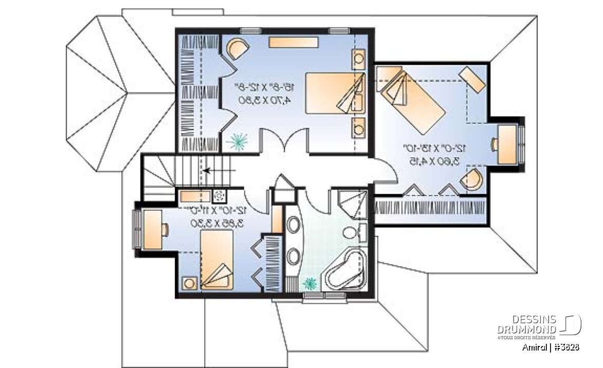 Étage - Plan de maison style manoir, 3 chambres, plafond cathédrale - Amiral
