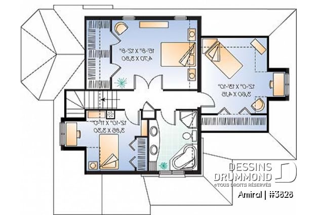 Étage - Plan de maison style manoir, 3 chambres, plafond cathédrale - Amiral