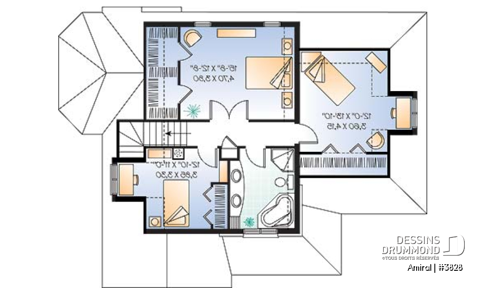 Étage - Plan de maison style manoir, 3 chambres, plafond cathédrale - Amiral