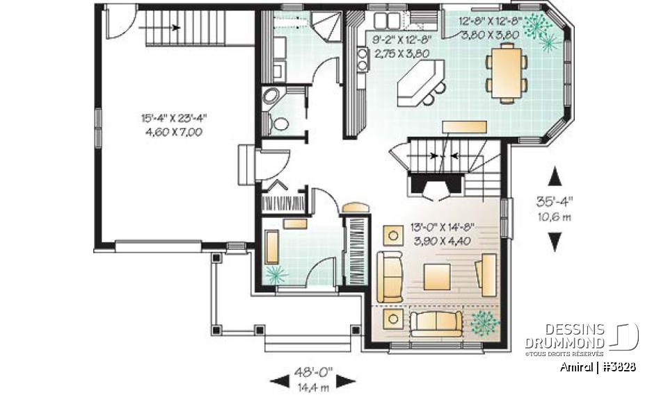 Rez-de-chaussée - Plan de maison style manoir, 3 chambres, plafond cathédrale - Amiral