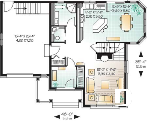 Rez-de-chaussée - Plan de maison style manoir, 3 chambres, plafond cathédrale - Amiral