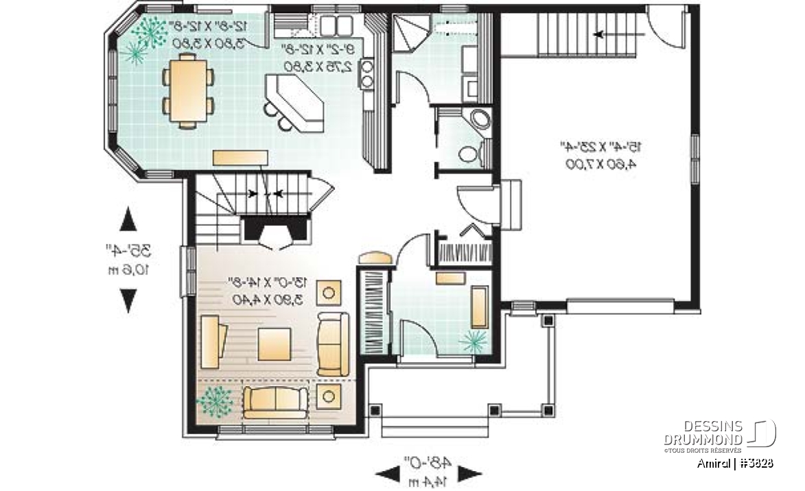 Rez-de-chaussée - Plan de maison style manoir, 3 chambres, plafond cathédrale - Amiral