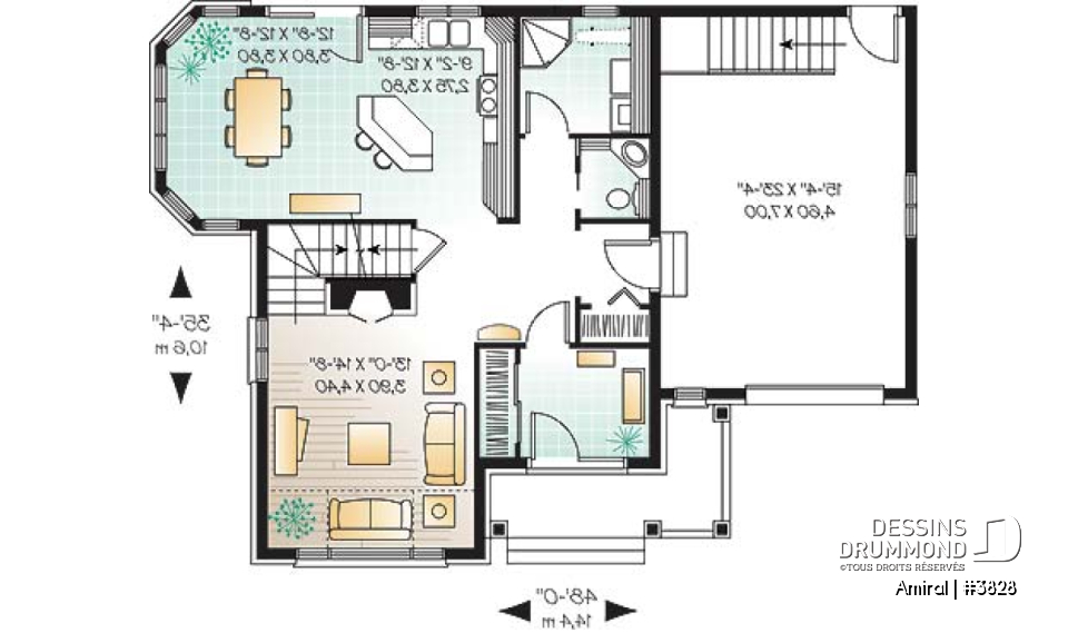 Rez-de-chaussée - Plan de maison style manoir, 3 chambres, plafond cathédrale - Amiral