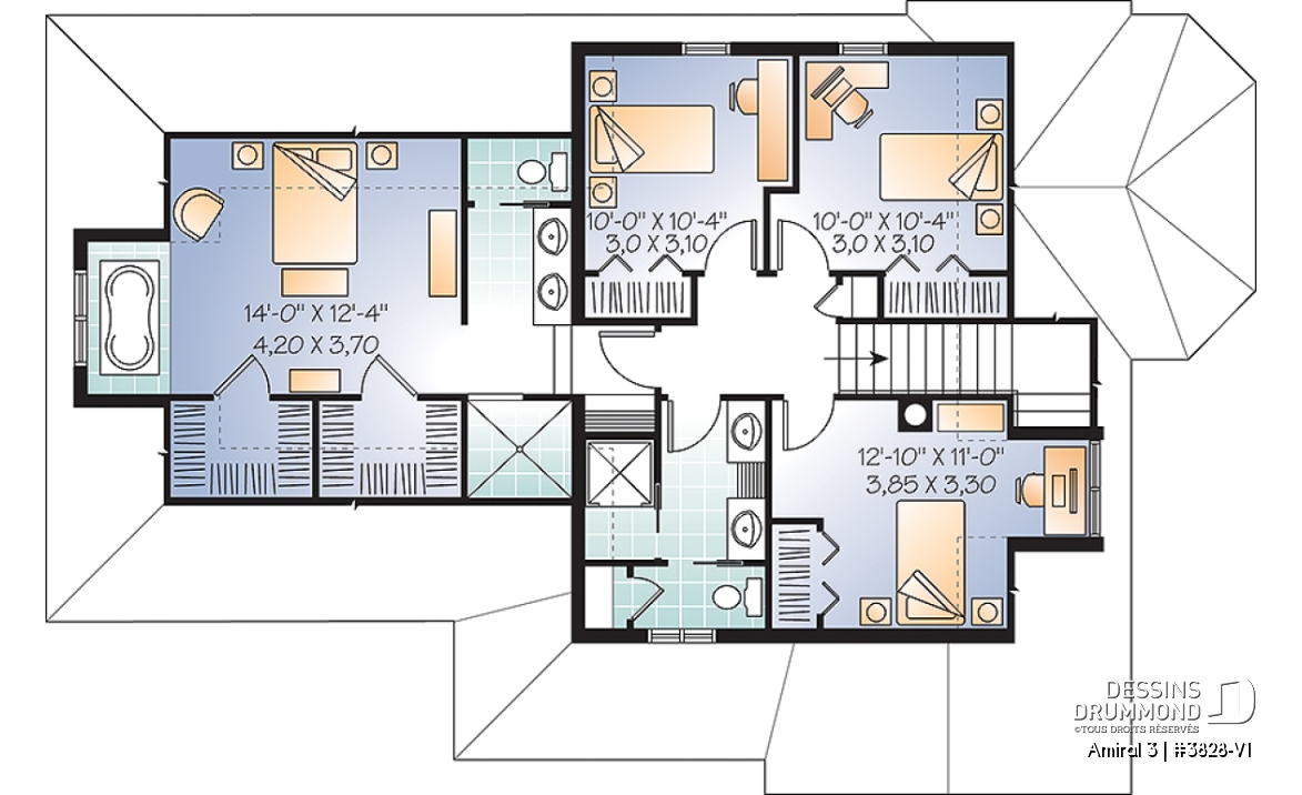 Étage - Plan de maison style Tudor, 4 grandes chambres, suite des maîtres séparées, garage double - Amiral 3
