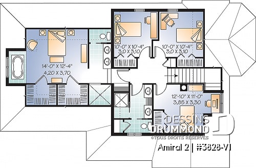 Étage - Plan de maison style Tudor, 4 grandes chambres, suite des maîtres séparées, garage double - Amiral 3