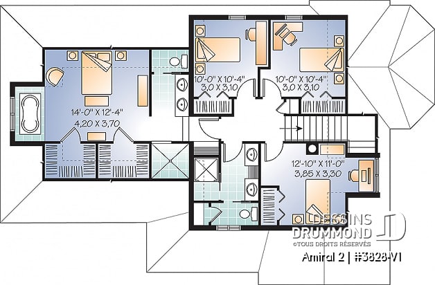 Étage - Plan de maison style Tudor, 4 grandes chambres, suite des maîtres séparées, garage double - Amiral 3