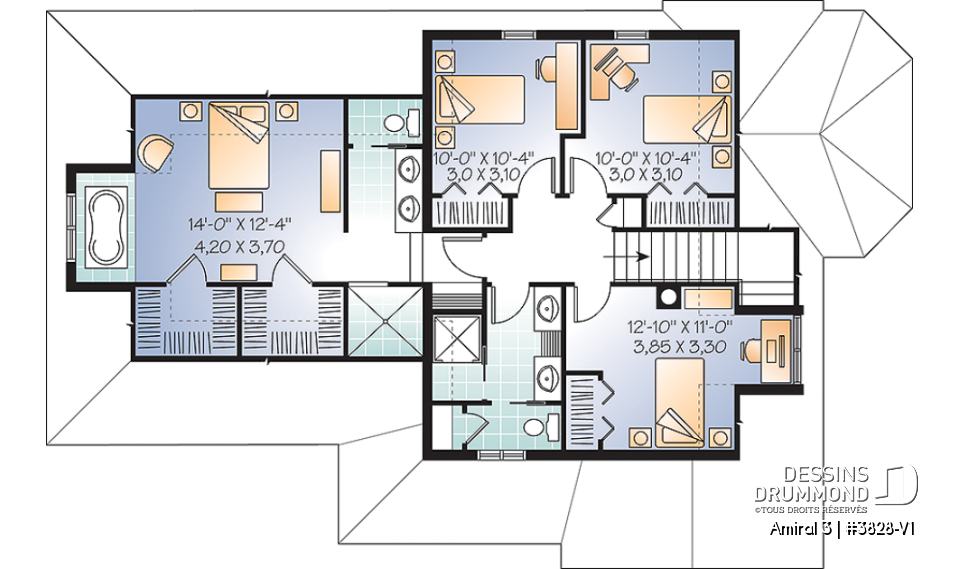Étage - Plan de maison style Tudor, 4 grandes chambres, suite des maîtres séparées, garage double - Amiral 3