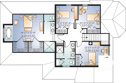 Étage - Plan de maison style Tudor, 4 grandes chambres, suite des maîtres séparées, garage double - Amiral 3