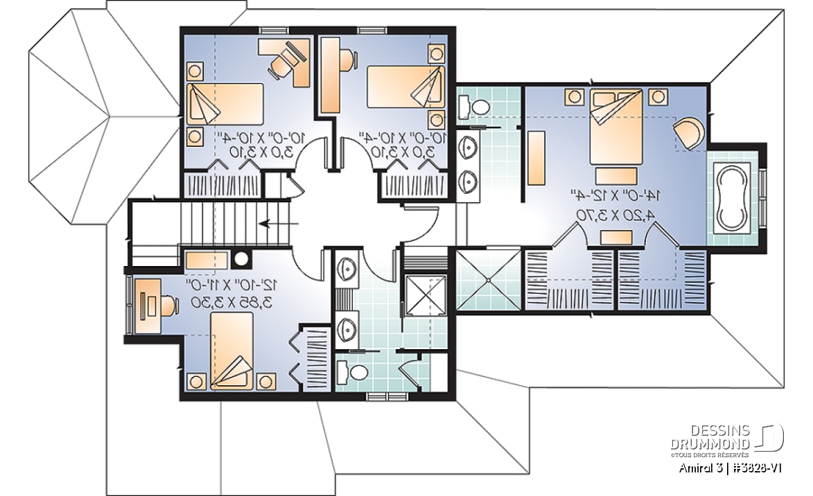 Étage - Plan de maison style Tudor, 4 grandes chambres, suite des maîtres séparées, garage double - Amiral 3