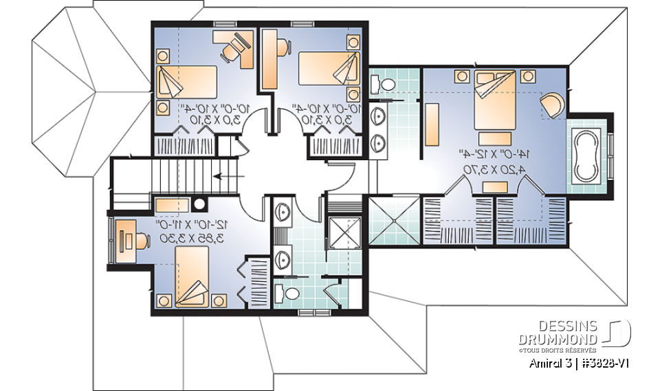 Étage - Plan de maison style Tudor, 4 grandes chambres, suite des maîtres séparées, garage double - Amiral 3