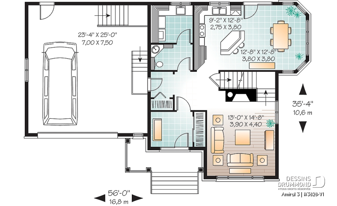 Rez-de-chaussée - Plan de maison style Tudor, 4 grandes chambres, suite des maîtres séparées, garage double - Amiral 3