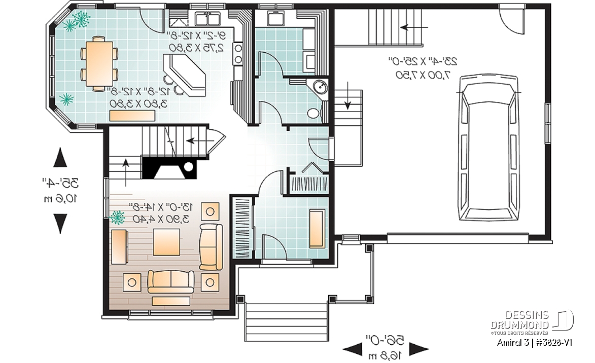 Rez-de-chaussée - Plan de maison style Tudor, 4 grandes chambres, suite des maîtres séparées, garage double - Amiral 3