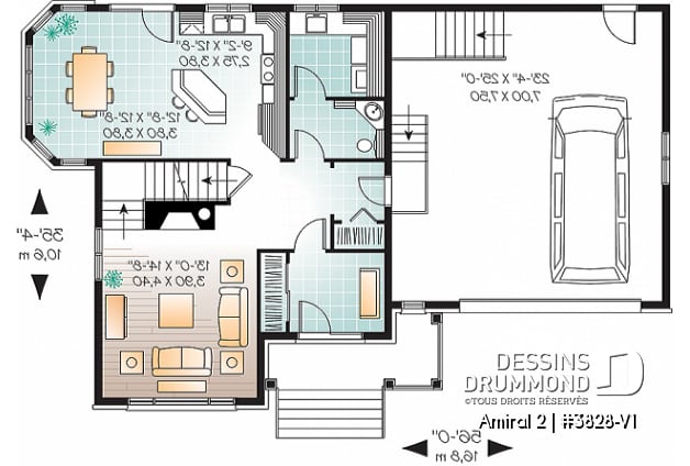 Rez-de-chaussée - Plan de maison style Tudor, 4 grandes chambres, suite des maîtres séparées, garage double - Amiral 3
