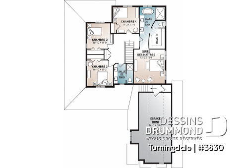 Étage - Plan de maison farmhouse 4 chambres, garage double, bureau à domicile & grand espace boni au-dessus du garage - Turningdale