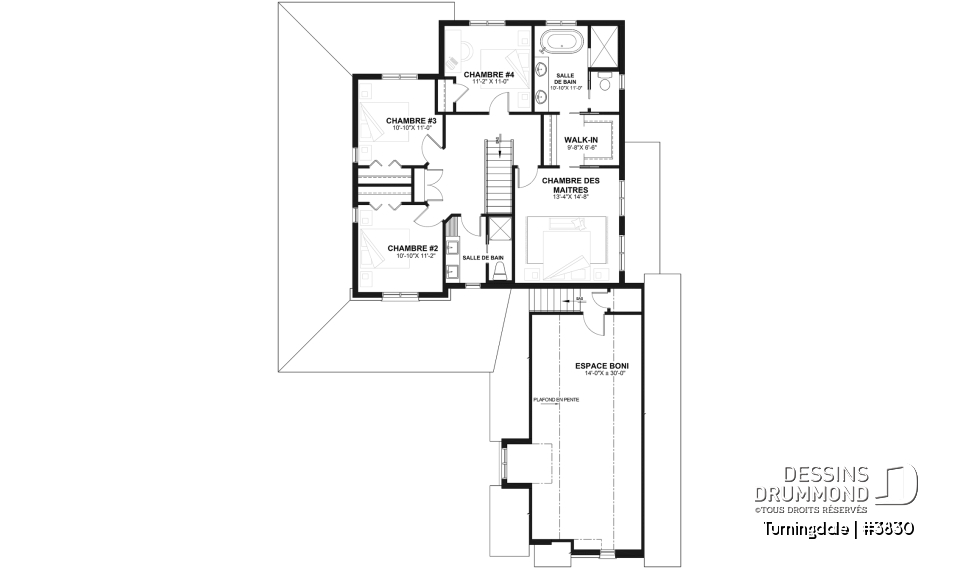Étage - Plan de maison farmhouse 4 chambres, garage double, bureau à domicile &amp; grand espace boni au-dessus du garage - Turningdale