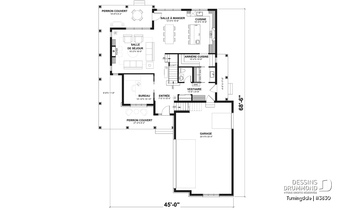 Rez-de-chaussée - Plan de maison farmhouse 4 chambres, garage double, bureau à domicile &amp; grand espace boni au-dessus du garage - Turningdale