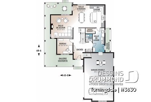 Rez-de-chaussée - Plan de maison farmhouse 4 chambres, garage double, bureau à domicile & grand espace boni au-dessus du garage - Turningdale